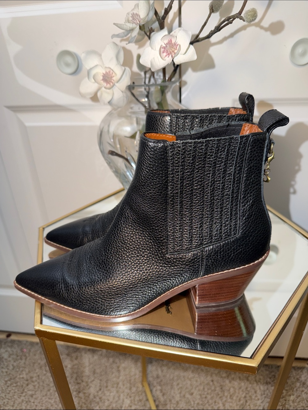Coach Black Leather Melody Ankle Booties with Brown Stacked Heel sz 10 EUC